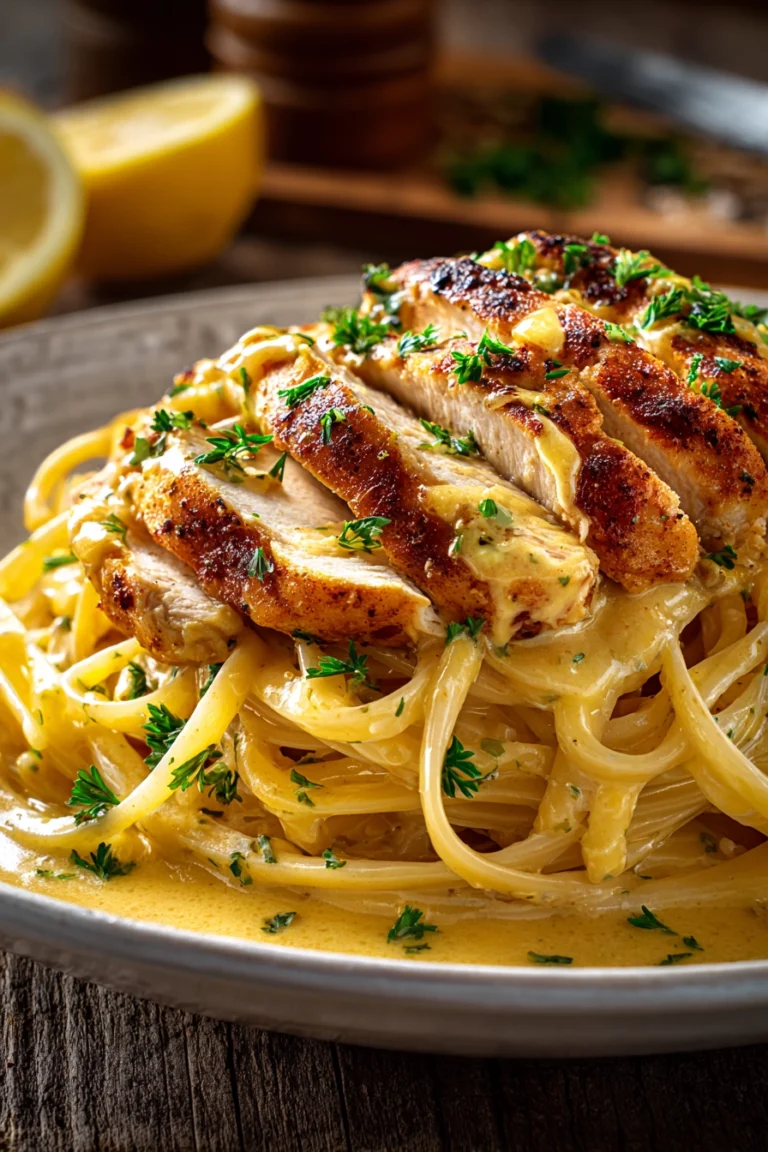 Close-up of pan-seared sliced chicken breast over linguine twirled in creamy golden cowboy butter sauce, garnished with chopped parsley and lemon wedge on a white plate with rustic background.