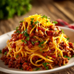 Close-up of hearty cowboy spaghetti with ground beef tomato barbecue chili sauce, melted cheddar cheese, and chopped parsley on a white plate with a rustic wooden background