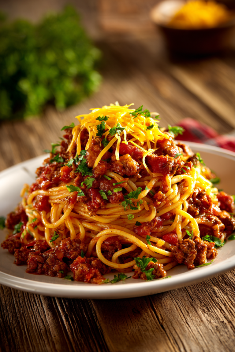 Close-up of hearty cowboy spaghetti with ground beef tomato barbecue chili sauce, melted cheddar cheese, and chopped parsley on a white plate with a rustic wooden background