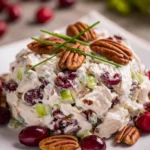 Close-up of creamy cranberry pecan chicken salad with diced poached chicken, dried cranberries, chopped pecans, celery, and green onions on a white plate, in warm natural light