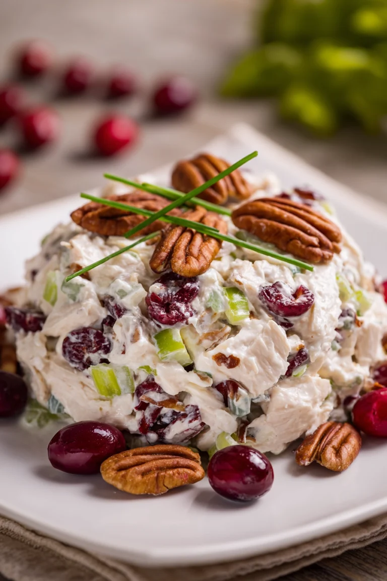 Close-up of creamy cranberry pecan chicken salad with diced poached chicken, dried cranberries, chopped pecans, celery, and green onions on a white plate, in warm natural light