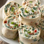 Close-up of cream cheese roll-ups sliced into pinwheels showing creamy filling with finely chopped spinach, green onions, and red bell pepper inside tender flour tortillas on a white round plate.