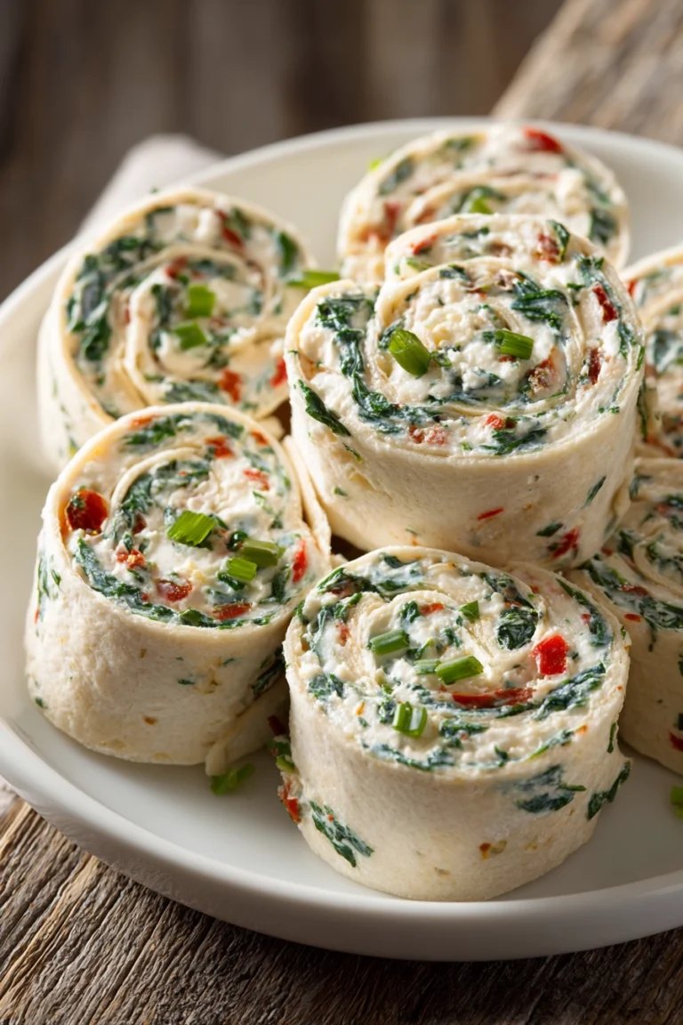 Close-up of cream cheese roll-ups sliced into pinwheels showing creamy filling with finely chopped spinach, green onions, and red bell pepper inside tender flour tortillas on a white round plate.
