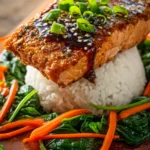 Close-up of crispy pan-seared salmon fillet on white jasmine rice, surrounded by fresh baby spinach, julienned carrot, sliced green onions, and sesame seeds, drizzled with soy-ginger glaze on rustic wooden surface