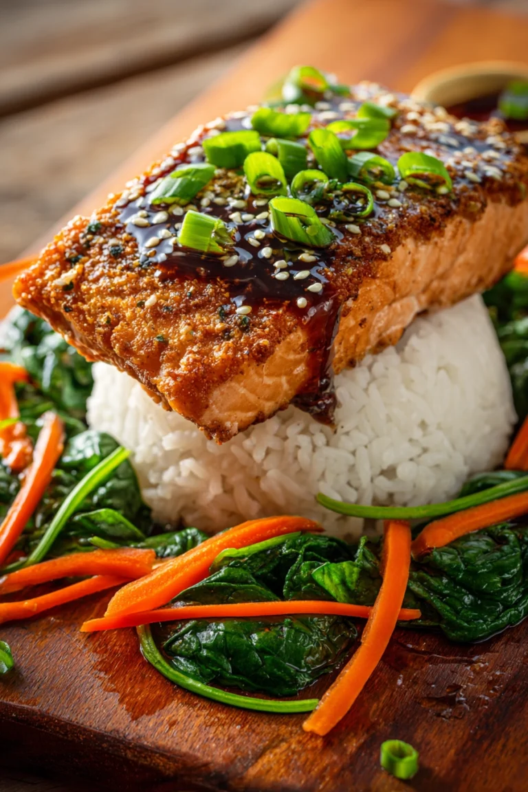 Close-up of crispy pan-seared salmon fillet on white jasmine rice, surrounded by fresh baby spinach, julienned carrot, sliced green onions, and sesame seeds, drizzled with soy-ginger glaze on rustic wooden surface