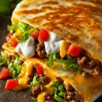 Close-up of a Crunchwrap Supreme with a golden brown folded flour tortilla, crispy tostada shell inside, pan-cooked ground beef, nacho cheese sauce, shredded cheddar cheese, fresh green lettuce, diced red tomatoes, and sour cream on a rustic plate.