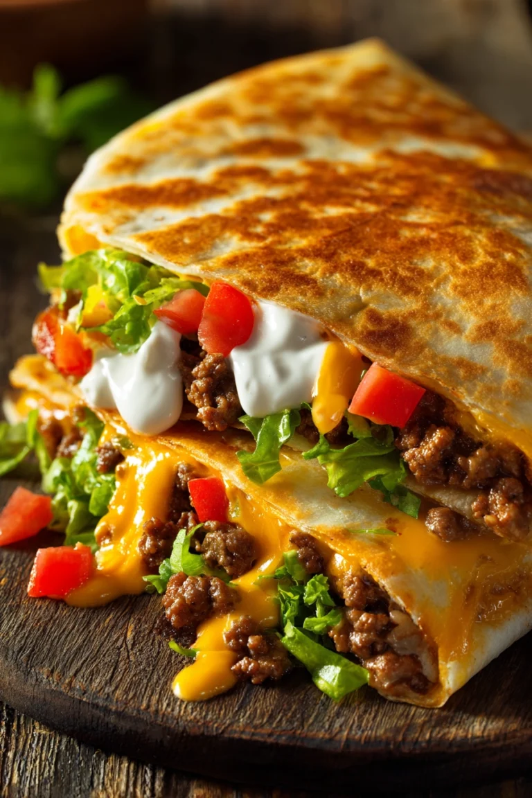 Close-up of a Crunchwrap Supreme with a golden brown folded flour tortilla, crispy tostada shell inside, pan-cooked ground beef, nacho cheese sauce, shredded cheddar cheese, fresh green lettuce, diced red tomatoes, and sour cream on a rustic plate.