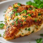 Close-up of a golden-brown baked ranch chicken breast on a round white plate garnished with chopped fresh parsley, showing crispy crust and juicy texture.