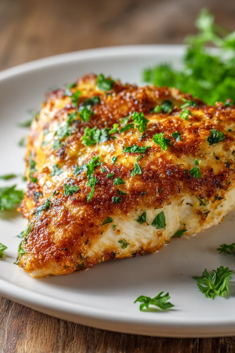 Close-up of a golden-brown baked ranch chicken breast on a round white plate garnished with chopped fresh parsley, showing crispy crust and juicy texture.