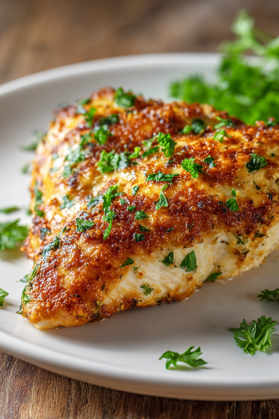 Close-up of a golden-brown baked ranch chicken breast on a round white plate garnished with chopped fresh parsley, showing crispy crust and juicy texture.