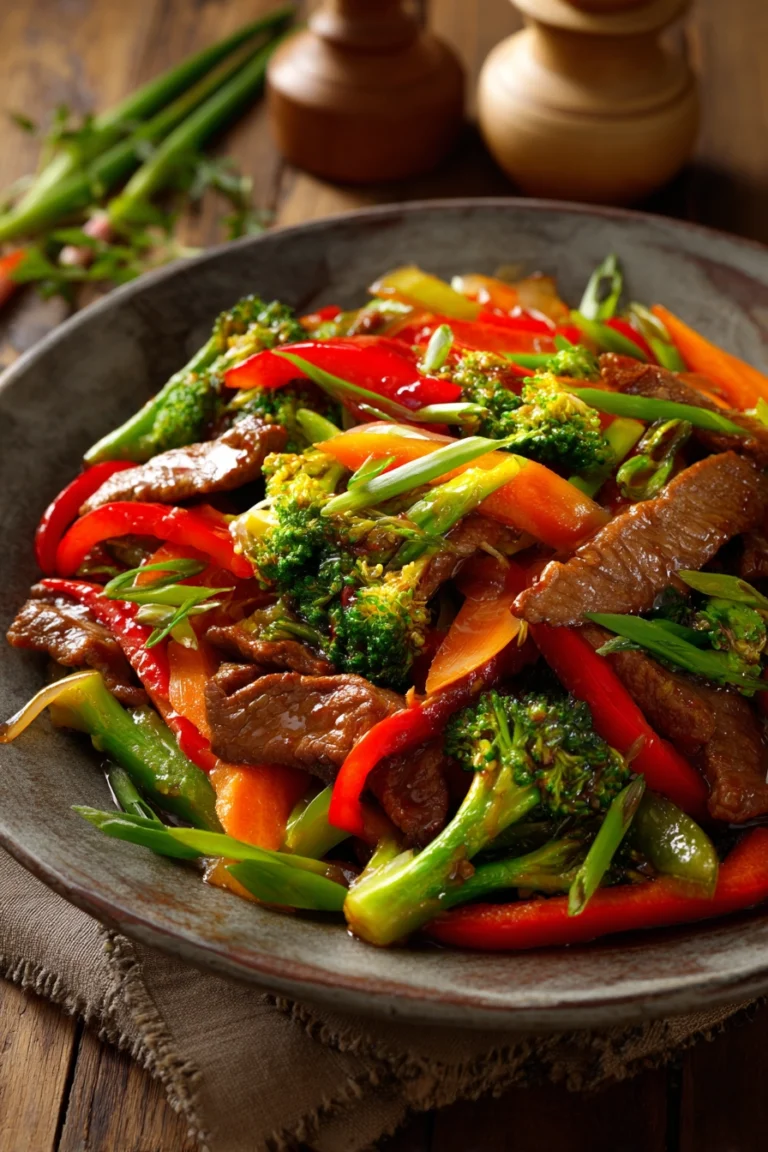 Plate of easy beef stir fry with thinly sliced beef sirloin, red and green bell peppers, carrots, broccoli florets, and green onions in a glossy sauce on a rustic wooden surface.