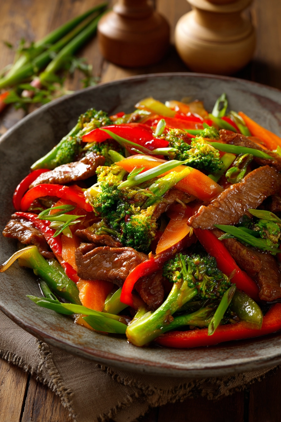Plate of easy beef stir fry with thinly sliced beef sirloin, red and green bell peppers, carrots, broccoli florets, and green onions in a glossy sauce on a rustic wooden surface.