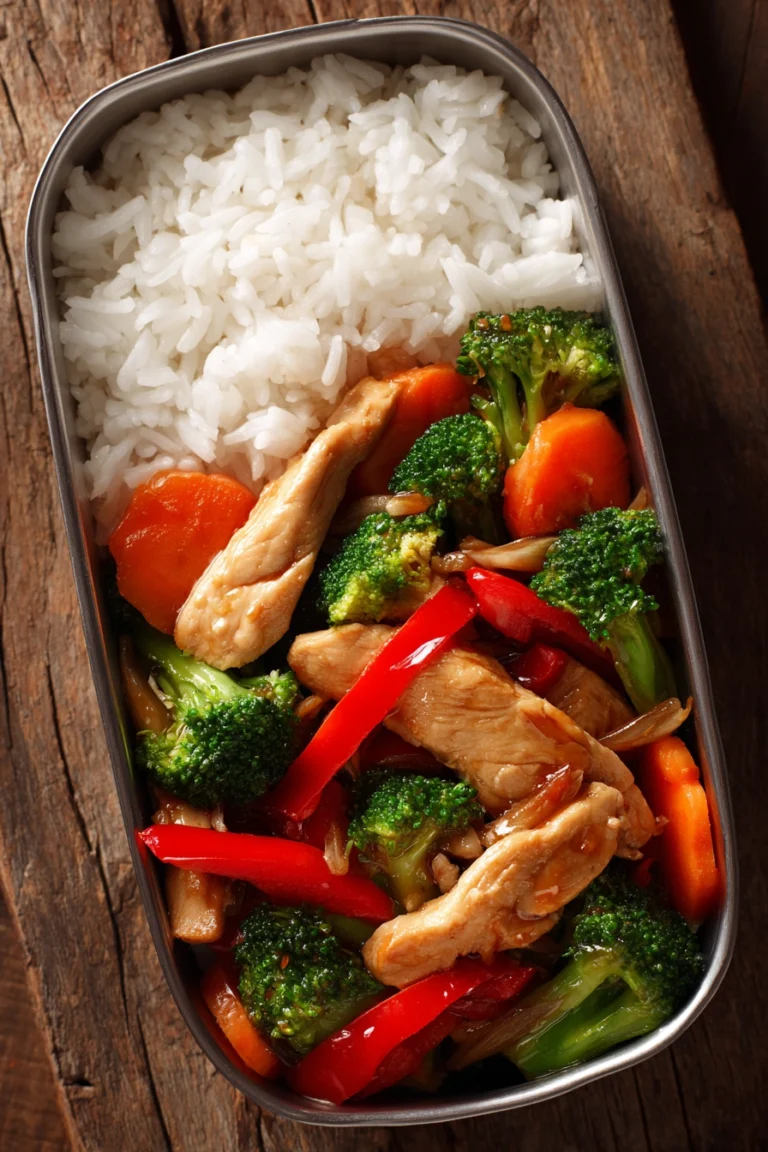 Close-up of easy chicken and vegetable stir-fry with tender chicken breast, broccoli, carrots, red bell peppers in soy garlic sauce, served with white jasmine rice in a rectangular container on rustic wooden surface