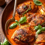 Close-up of pan-seared chicken thighs in a creamy tomato basil sauce served in a shallow bowl, garnished with fresh basil leaves on a rustic wooden surface