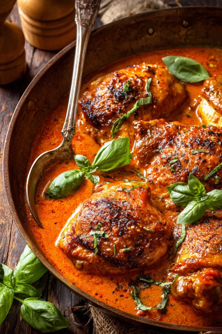 Close-up of pan-seared chicken thighs in a creamy tomato basil sauce served in a shallow bowl, garnished with fresh basil leaves on a rustic wooden surface