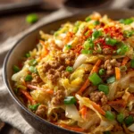 Close-up of a rustic shallow bowl filled with sautéed ground pork mixed with shredded cabbage, grated carrot, green onions, and red pepper flakes, showcasing a home-style Egg Roll in a Bowl with warm natural light.