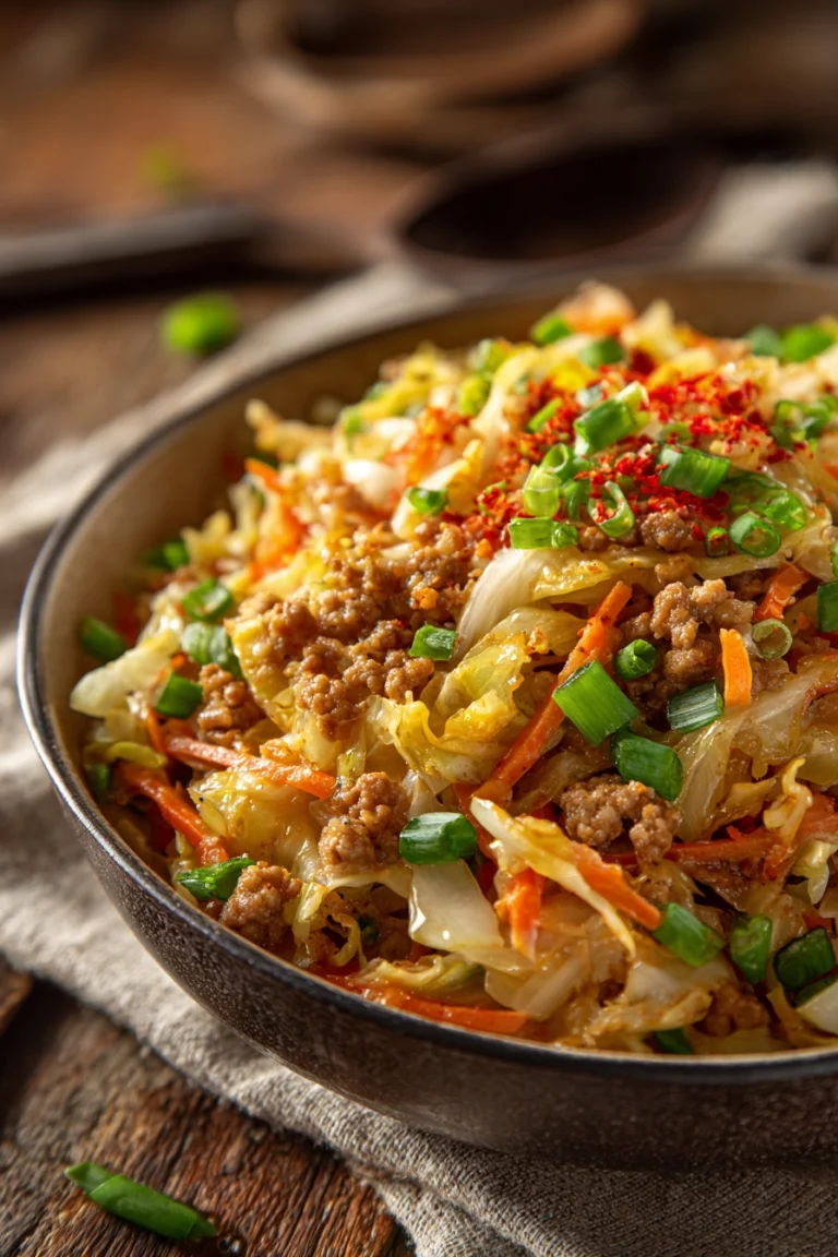 Close-up of a rustic shallow bowl filled with sautéed ground pork mixed with shredded cabbage, grated carrot, green onions, and red pepper flakes, showcasing a home-style Egg Roll in a Bowl with warm natural light.