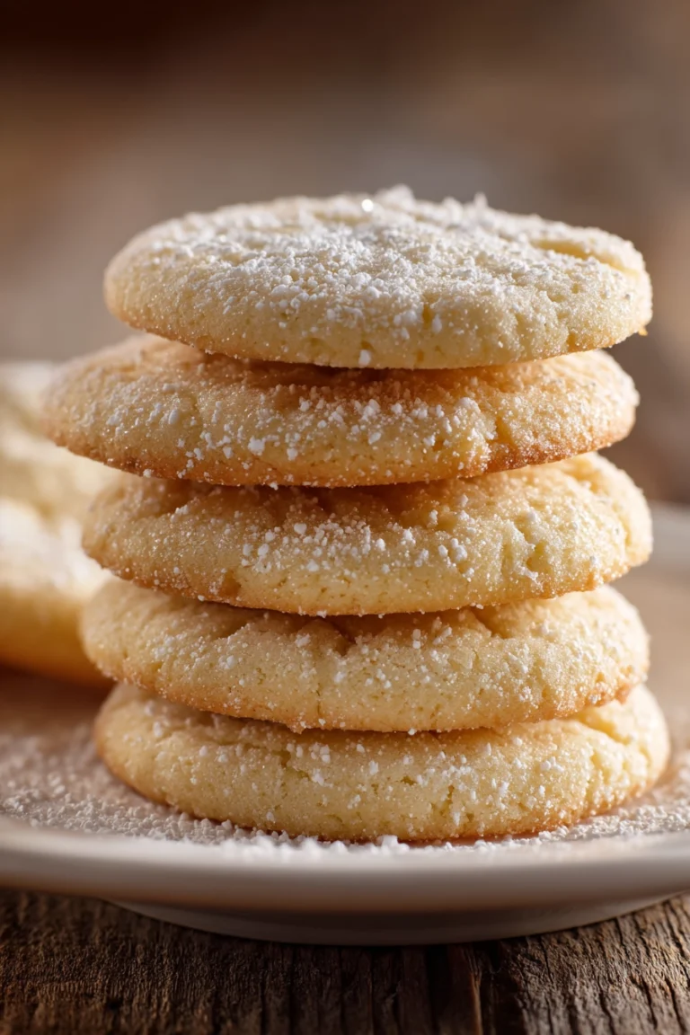 Stack of soft and chewy sugar cookies with golden edges and pale centers on a white ceramic plate, dusted with powdered sugar on a rustic wooden surface
