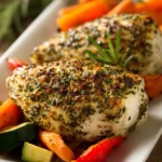 Close-up of two herb-crusted oven-roasted chicken breasts on a white rectangular plate with roasted carrots, zucchini, and red bell pepper, garnished with fresh rosemary under warm natural light