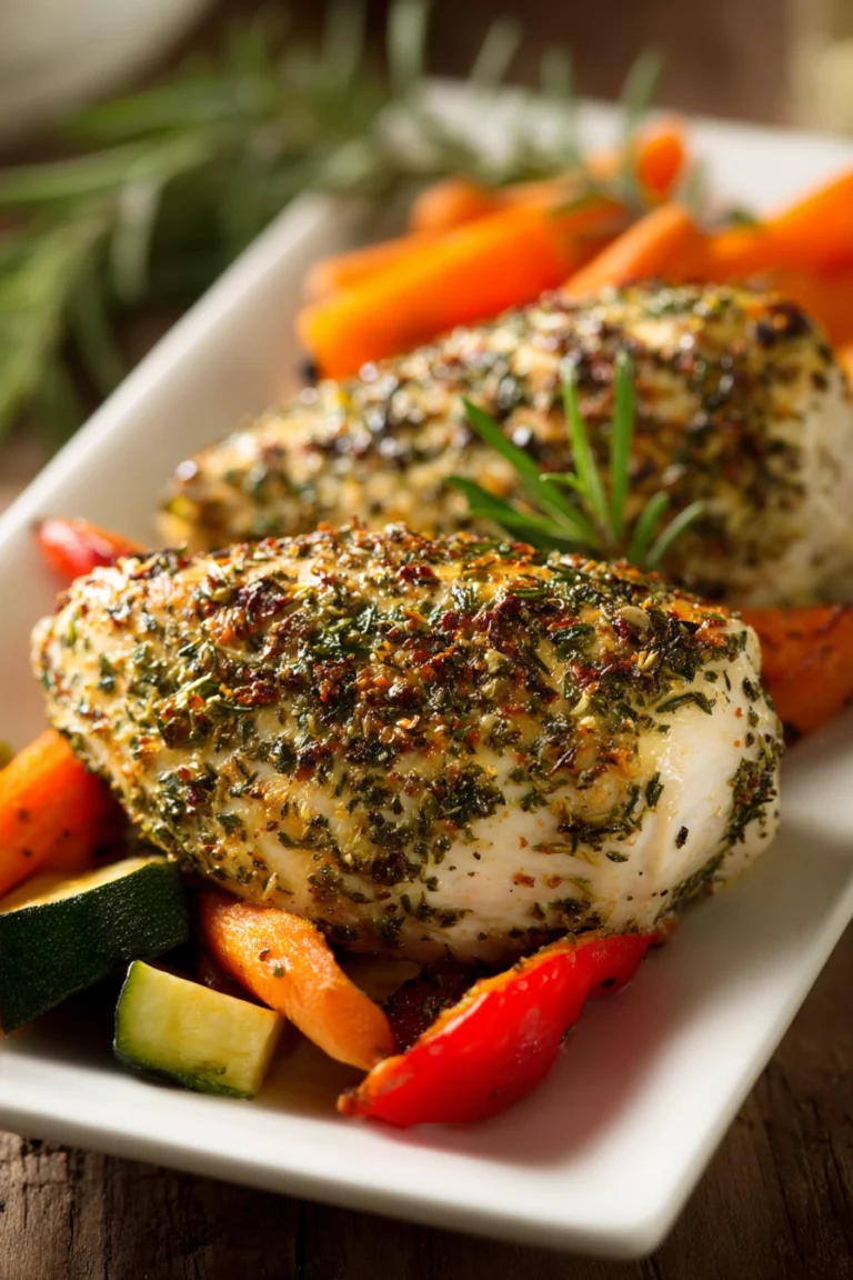 Close-up of two herb-crusted oven-roasted chicken breasts on a white rectangular plate with roasted carrots, zucchini, and red bell pepper, garnished with fresh rosemary under warm natural light