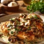 Plate of golden-brown garlic mushroom chicken breasts topped with creamy mushroom sauce and fresh parsley on a rustic wooden table