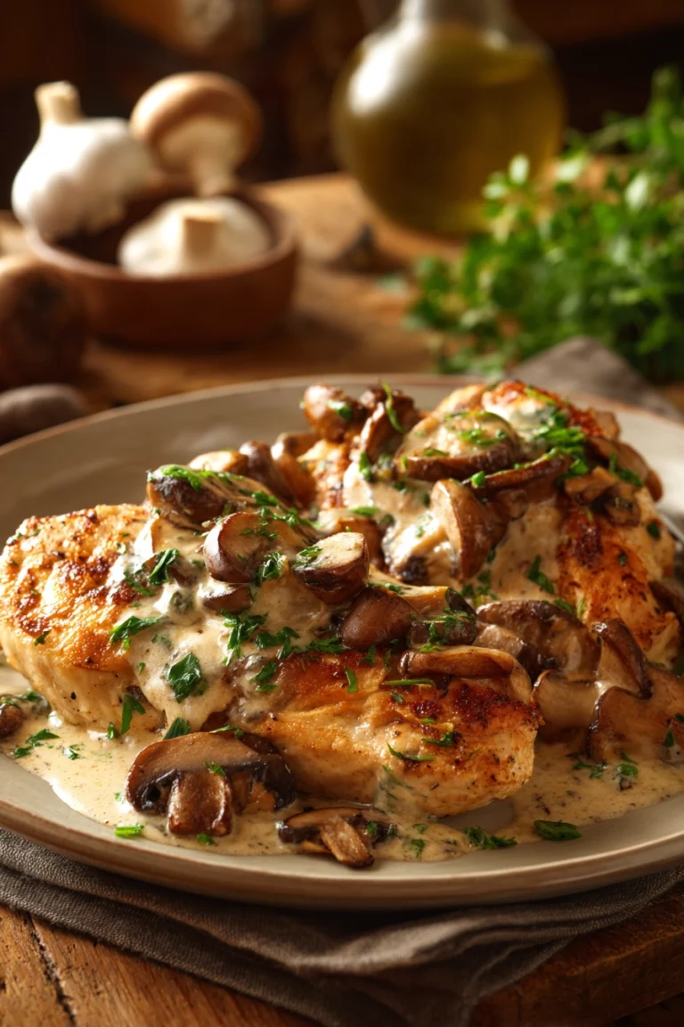 Plate of golden-brown garlic mushroom chicken breasts topped with creamy mushroom sauce and fresh parsley on a rustic wooden table