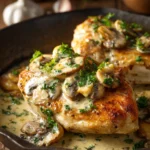 Close-up of golden brown pan-seared chicken breast topped with creamy garlic butter sauce, sautéed button mushrooms, sliced garlic, and chopped fresh parsley on a rustic wooden plate