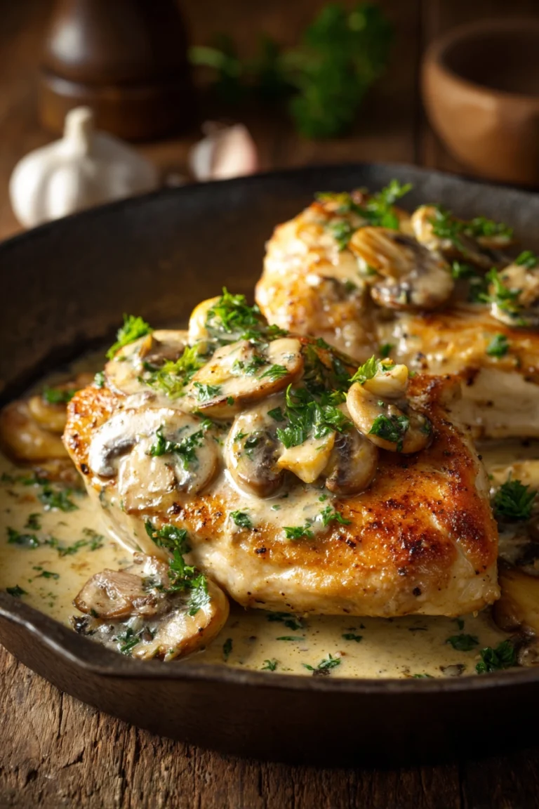 Close-up of golden brown pan-seared chicken breast topped with creamy garlic butter sauce, sautéed button mushrooms, sliced garlic, and chopped fresh parsley on a rustic wooden plate