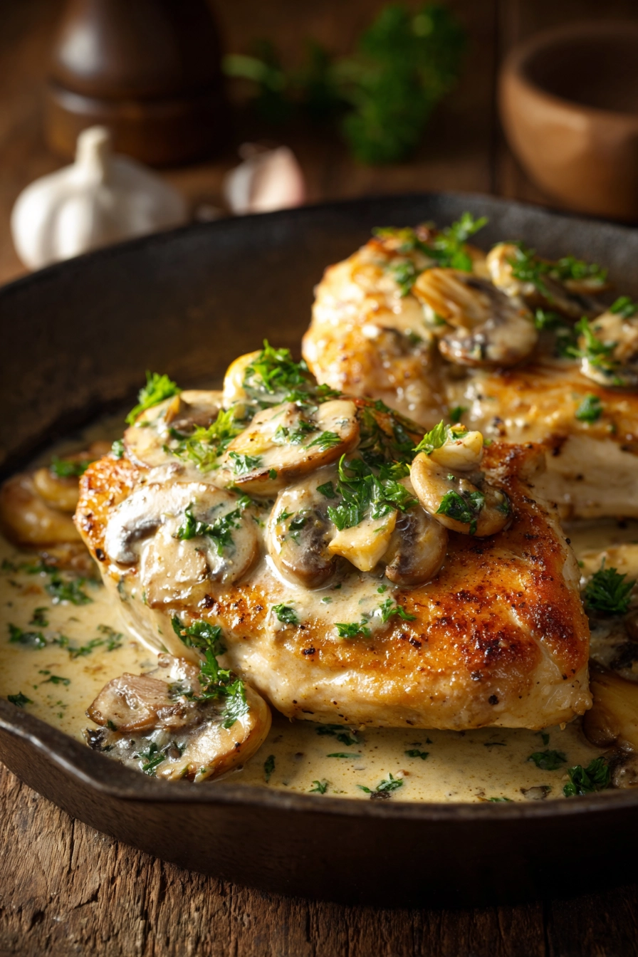 Close-up of golden brown pan-seared chicken breast topped with creamy garlic butter sauce, sautéed button mushrooms, sliced garlic, and chopped fresh parsley on a rustic wooden plate