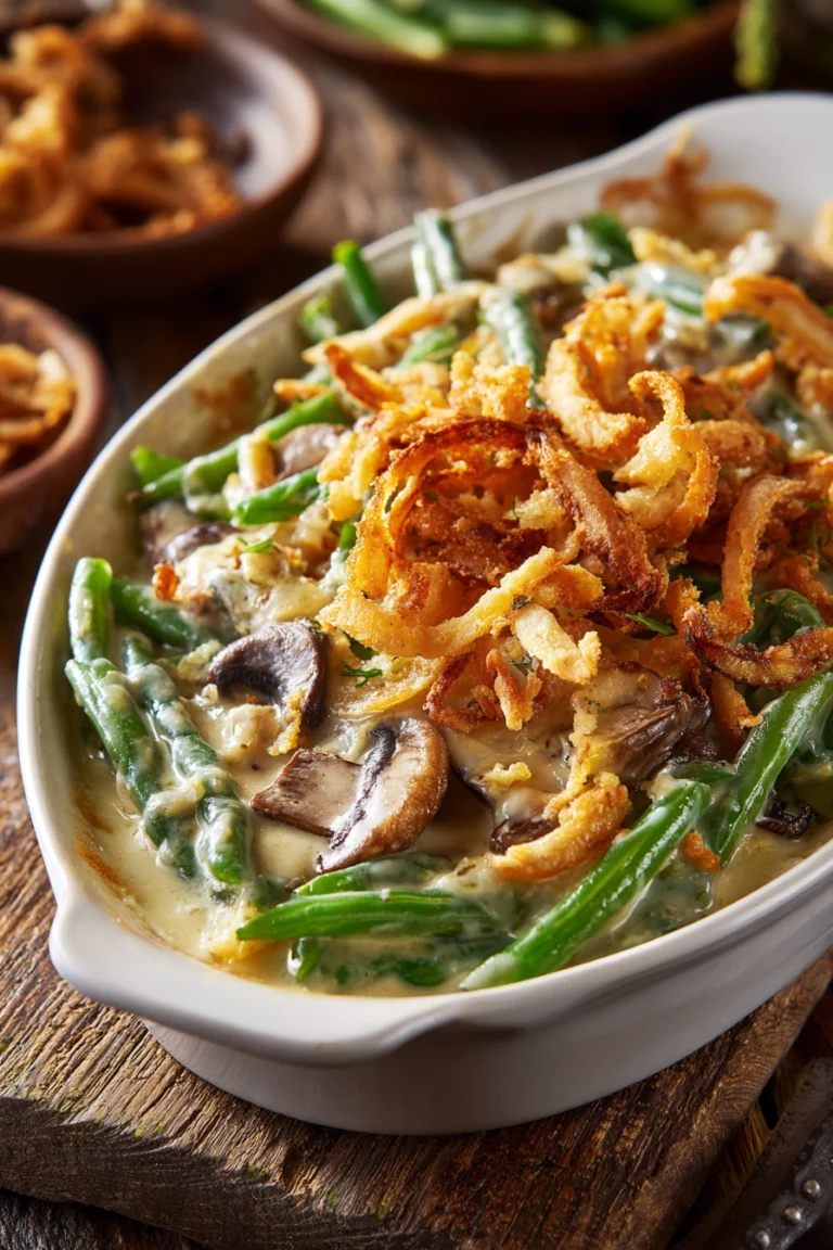 Close-up of a rustic green bean casserole in a shallow oval casserole dish, showing creamy mushroom sauce, tender green beans, and crispy golden fried onions under warm natural light.