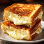 Close-up of grilled mozzarella sandwich with golden brown toasted white bread and melted mozzarella cheese oozing out, cut diagonally and stacked on a plain white plate