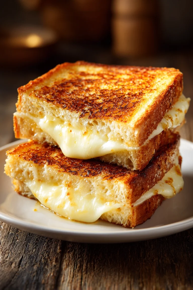 Close-up of grilled mozzarella sandwich with golden brown toasted white bread and melted mozzarella cheese oozing out, cut diagonally and stacked on a plain white plate