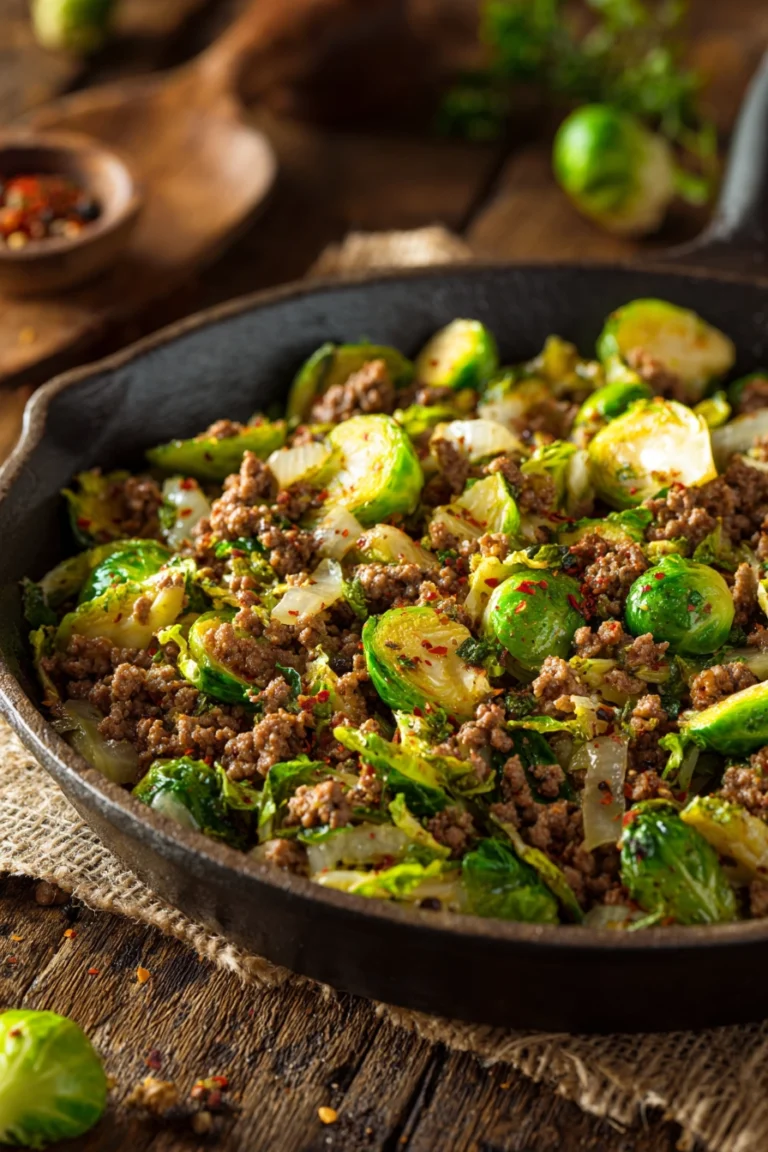 Hearty skillet of cooked ground beef and halved Brussels sprouts with diced onions and garlic, seasoned and served warm in a rustic pan on wooden surface