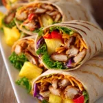 Close-up of Hawaiian BBQ chicken wraps cut in half diagonally on white plate, showing golden grilled chicken, bright pineapple chunks, green lettuce, red bell pepper and onion, orange cheddar cheese inside soft tortillas with rustic wooden surface background.