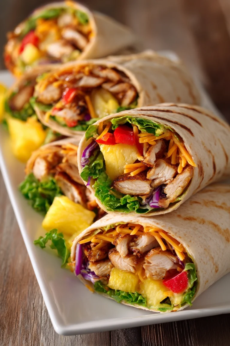 Close-up of Hawaiian BBQ chicken wraps cut in half diagonally on white plate, showing golden grilled chicken, bright pineapple chunks, green lettuce, red bell pepper and onion, orange cheddar cheese inside soft tortillas with rustic wooden surface background.
