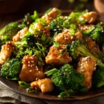 Plate of sesame chicken and broccoli with glossy sesame sauce, sprinkled with sesame seeds and green onions on a rustic wooden table