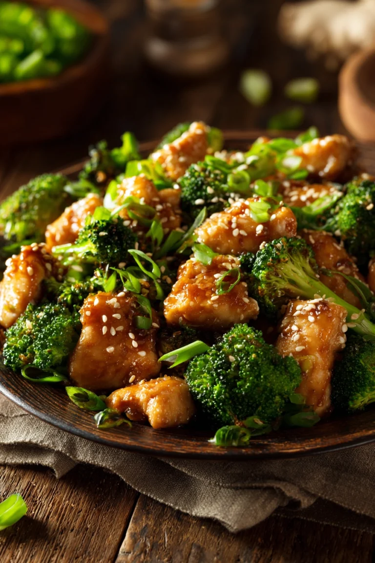 Plate of sesame chicken and broccoli with glossy sesame sauce, sprinkled with sesame seeds and green onions on a rustic wooden table