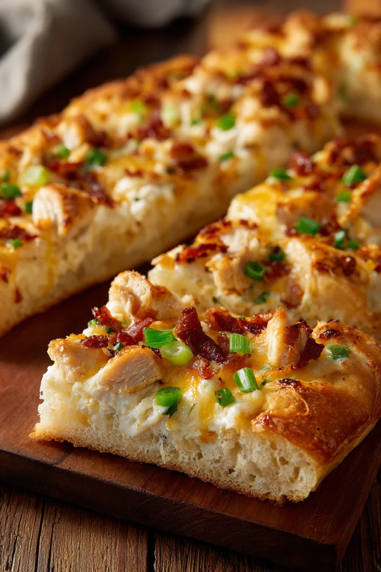 Close-up of sliced homemade Costco chicken bake with golden brown dough, melted mozzarella and cheddar cheese, diced chicken, crispy bacon pieces, and chopped green onions on a white rectangular plate