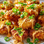 Close-up of crispy deep-fried salmon bites coated in cornstarch, drizzled with creamy spicy sweet bang bang sauce, garnished with sliced green onions and sesame seeds on a white plate