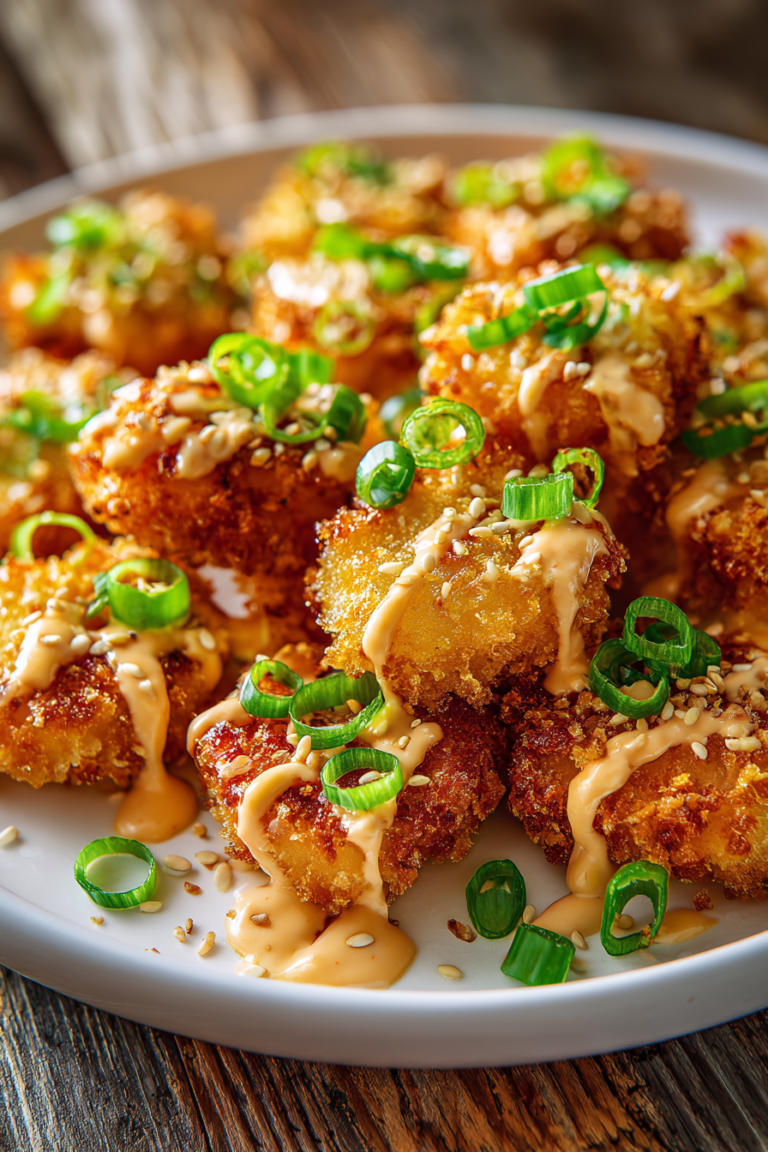 Close-up of crispy deep-fried salmon bites coated in cornstarch, drizzled with creamy spicy sweet bang bang sauce, garnished with sliced green onions and sesame seeds on a white plate