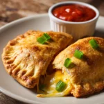 Close-up of two homemade hot pockets with crispy golden crust and melted mozzarella cheese oozing from a cut edge, served on a white ceramic plate with a ramekin of tomato sauce and diced green bell peppers.