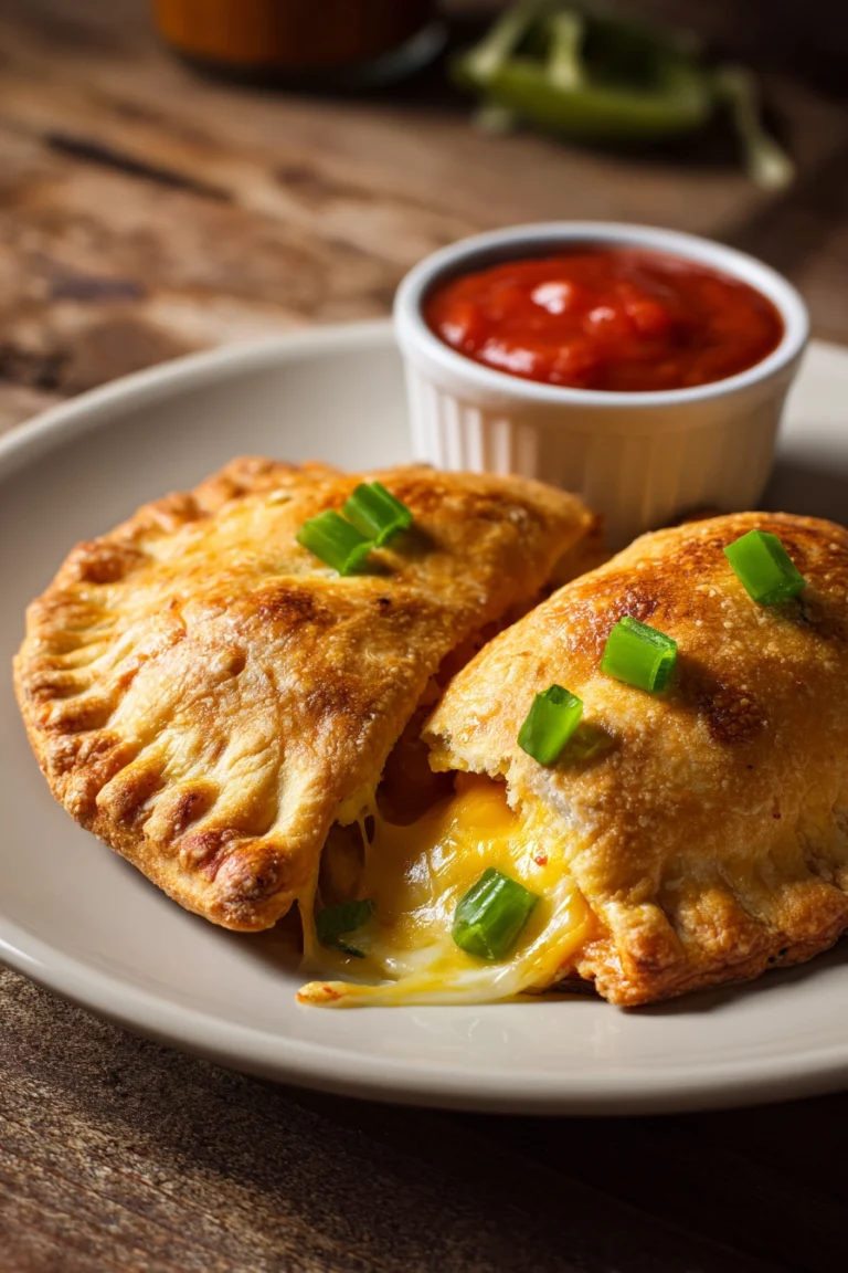Close-up of two homemade hot pockets with crispy golden crust and melted mozzarella cheese oozing from a cut edge, served on a white ceramic plate with a ramekin of tomato sauce and diced green bell peppers.