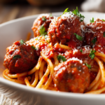 Close-up of homemade one pot spaghettios and meatballs in a shallow white bowl, with tender pasta, juicy ground beef meatballs, rich tomato sauce, sprinkled Parmesan cheese and fresh herbs on a rustic wooden surface