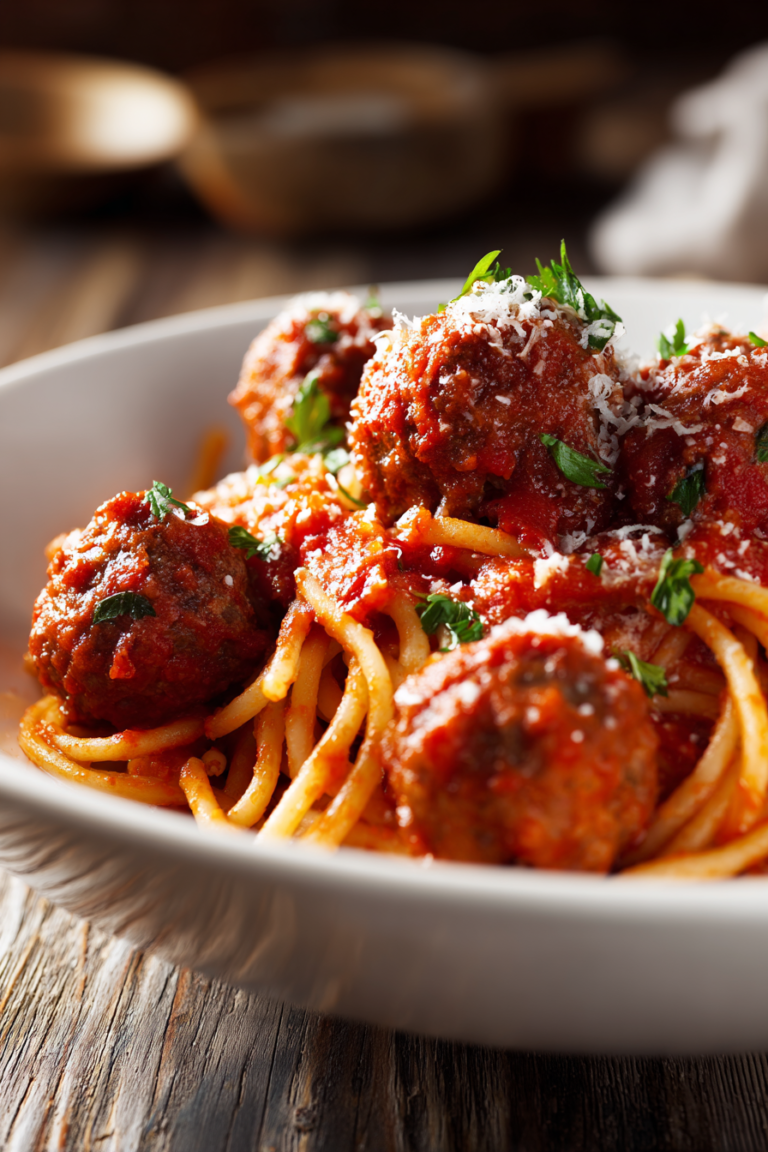 Close-up of homemade one pot spaghettios and meatballs in a shallow white bowl, with tender pasta, juicy ground beef meatballs, rich tomato sauce, sprinkled Parmesan cheese and fresh herbs on a rustic wooden surface