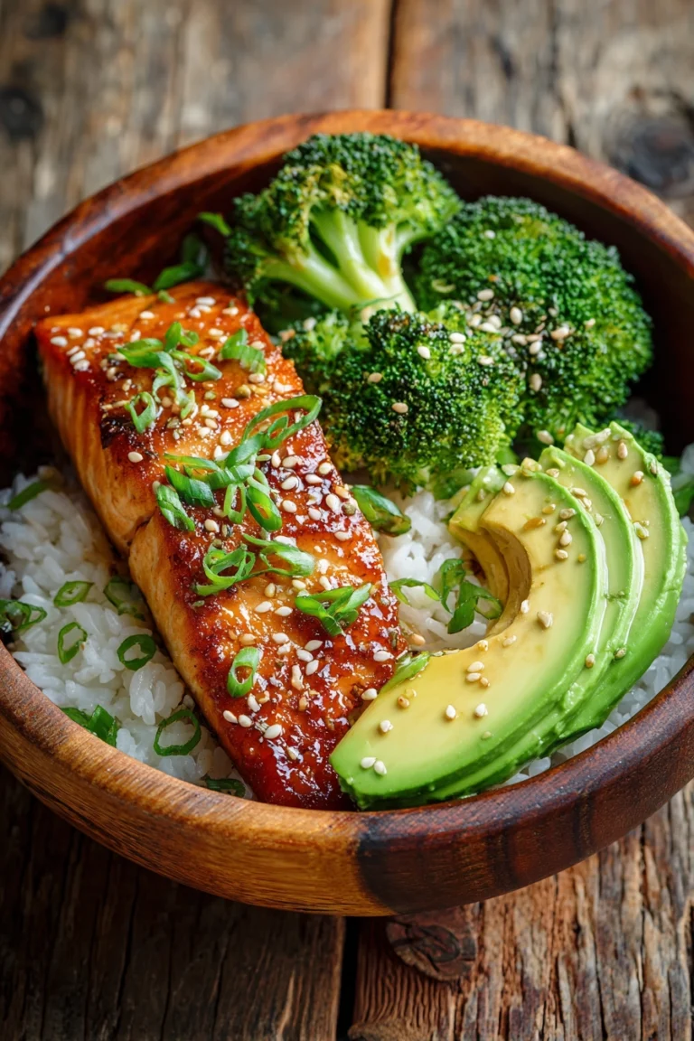 Honey glazed pan-seared salmon fillet served on fluffy jasmine rice with steamed broccoli florets, sliced avocado, sesame seeds, and chopped green onions in a rustic bowl