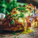 Close-up of a pan-fried and oven-baked chicken breast with a crispy Parmesan crust, garnished with chopped parsley and drizzled with garlic butter sauce on a rustic wooden plate