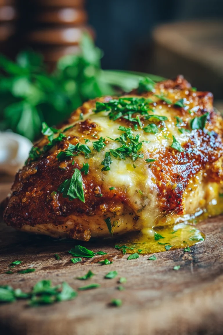 Close-up of a pan-fried and oven-baked chicken breast with a crispy Parmesan crust, garnished with chopped parsley and drizzled with garlic butter sauce on a rustic wooden plate