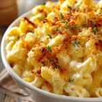 Close-up of creamy classic mac and cheese in a white ceramic bowl, featuring golden melted cheddar cheese and browned crispy breadcrumbs on top, set on a rustic wooden surface.