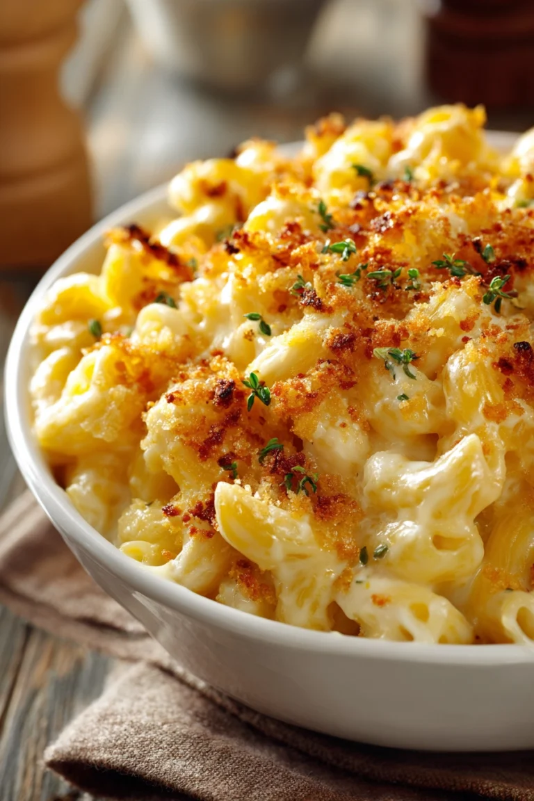 Close-up of creamy classic mac and cheese in a white ceramic bowl, featuring golden melted cheddar cheese and browned crispy breadcrumbs on top, set on a rustic wooden surface.