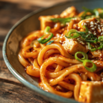Close-up photo of creamy gochujang udon noodles with soft tofu cubes, sliced green onions, and sesame seeds in a shallow bowl on a rustic wooden surface